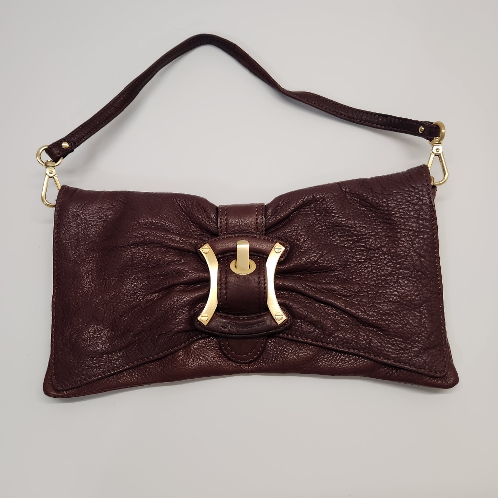 B Makowsky Brown Leather Bow Clutch Purse Handbag Magnetic Flaps Buckle.